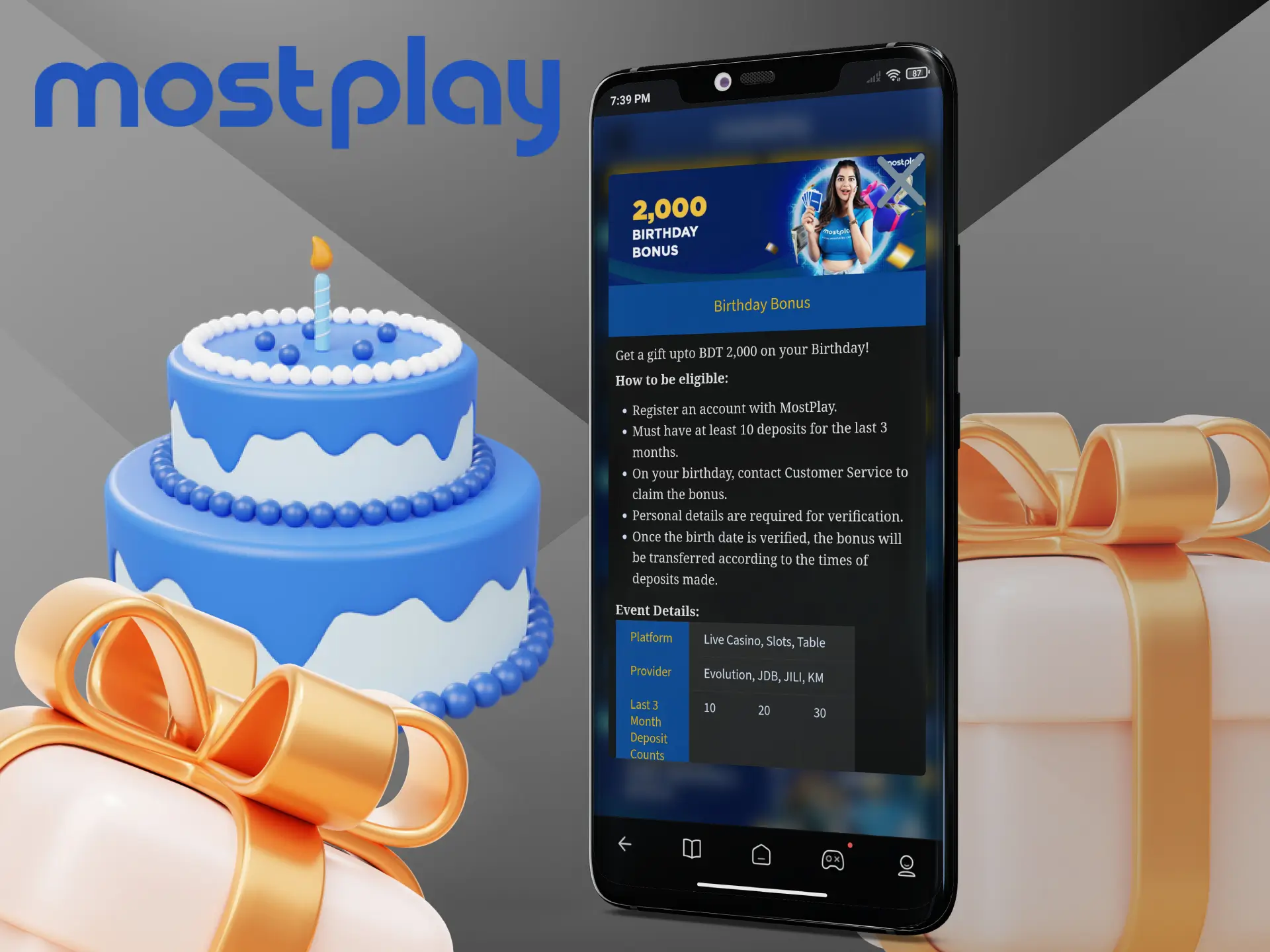 Don't miss the opportunity to get a big bonus from Mostplay in honour of your birthday.