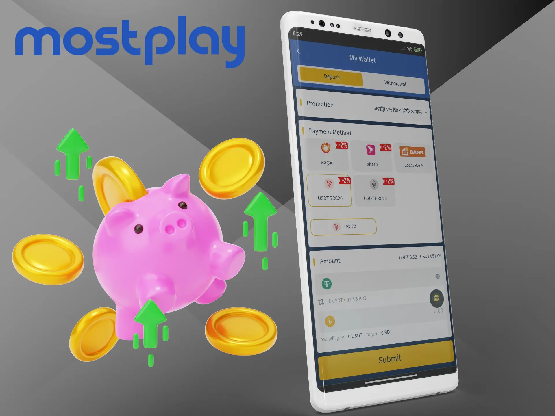 Use the most favourable methods of funding your account at Mostplay Casino.