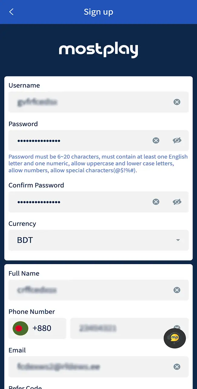 Go through the Mostplay account creation process by filling out the form with your first and last name.