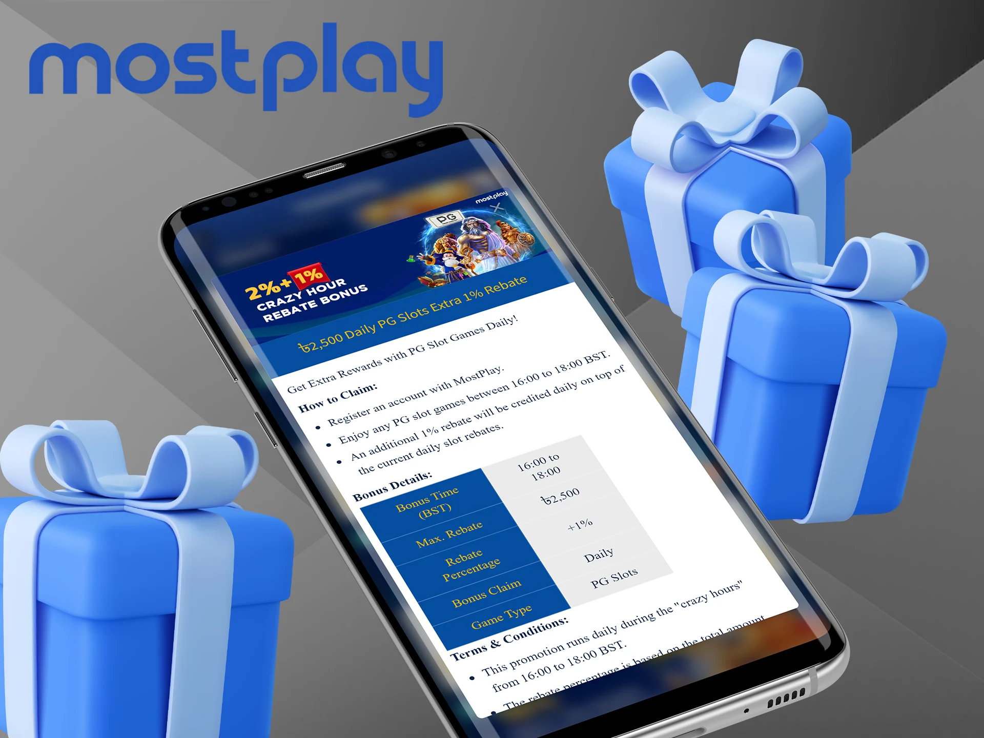 Read the terms and conditions to get slots extra rebate at Mostplay.