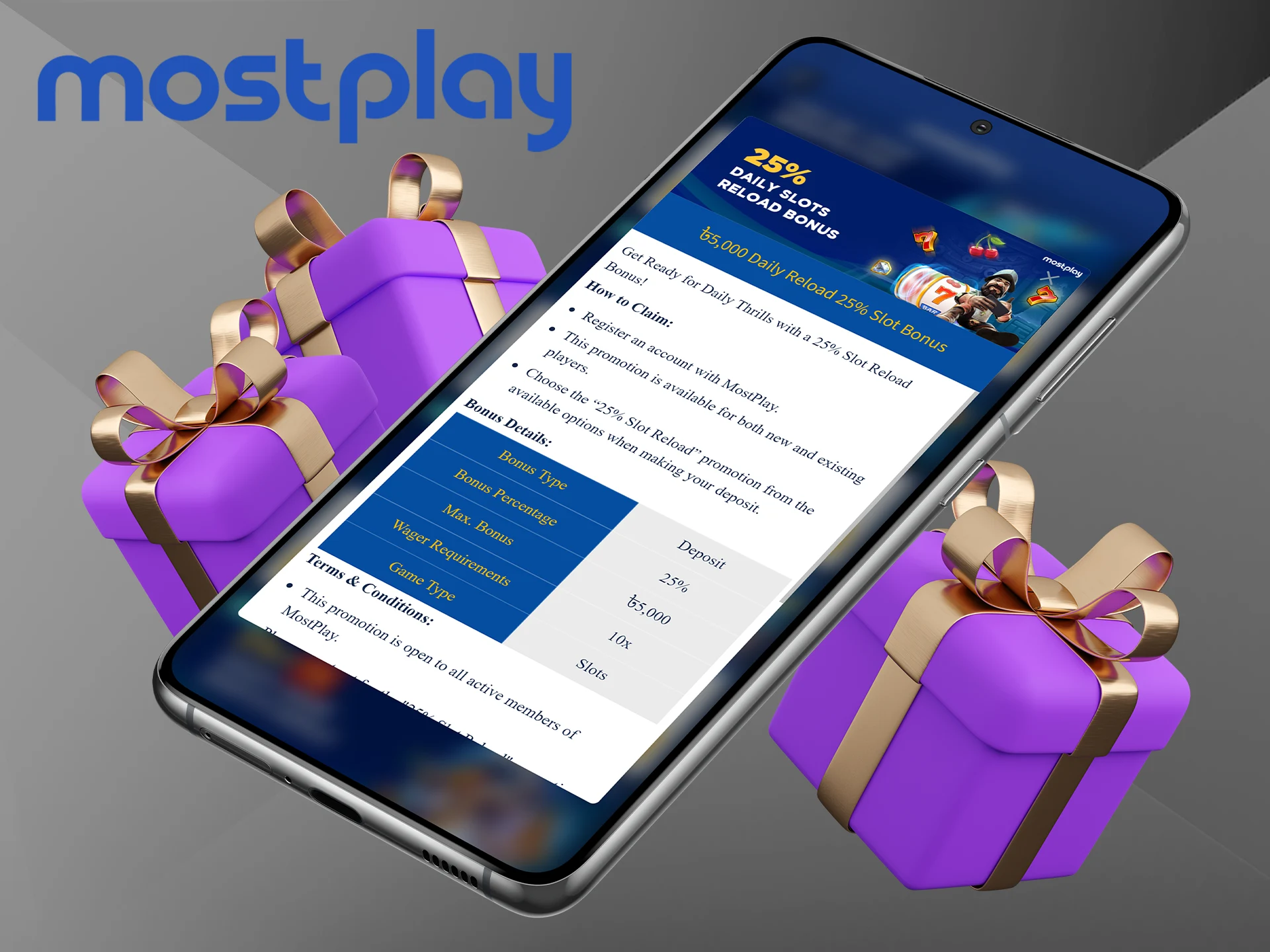 Fund your Mostplay account and get the slot reload bonus.