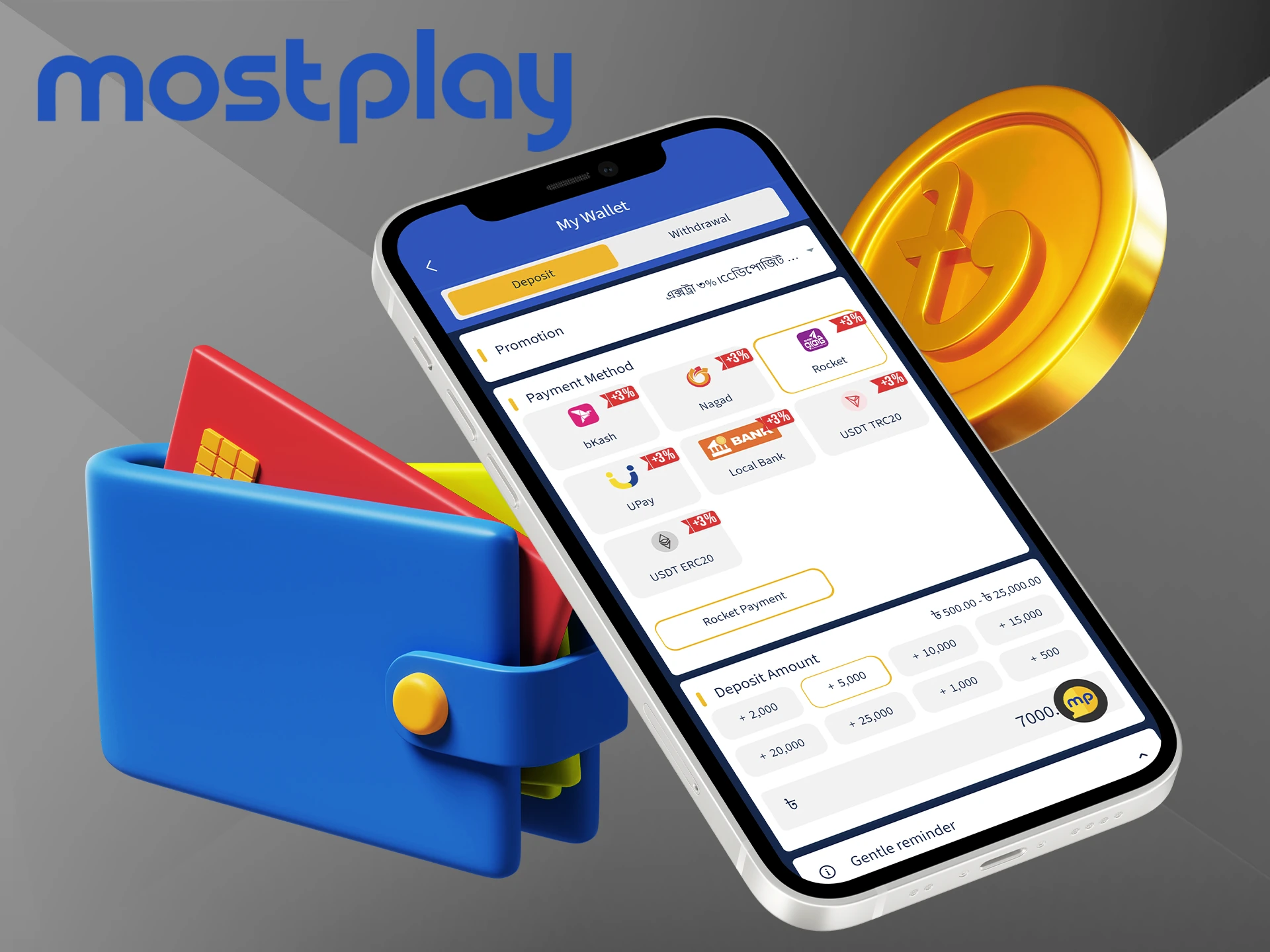 Make deposits and withdrawals quickly and easily with Mostplay.